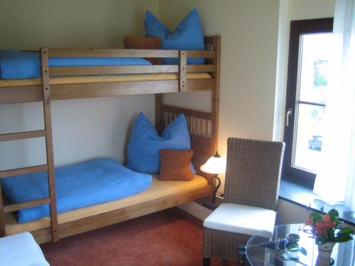 een kamer met 2 stapelbedden met blauwe kussens bij Ferienwohnung TOSCANA in Dresden