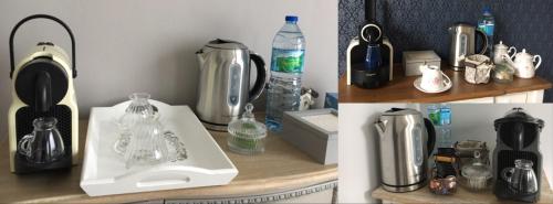 a collage of photos of a counter with bottles and a sink at La Demeure d'Alexandra in Cholet