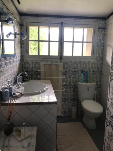 een badkamer met een bad, een toilet en ramen bij Maison LES BLEUETS in Le Perréon