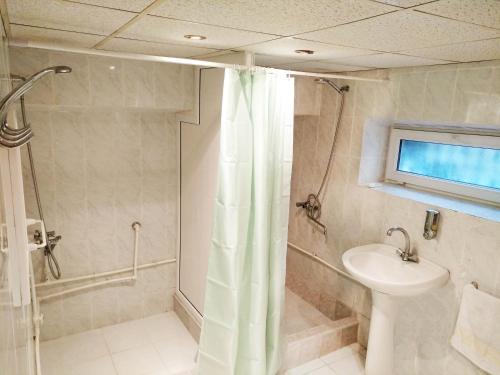 a bathroom with a shower and a sink at Hostel Sakharov & Tours in Yerevan