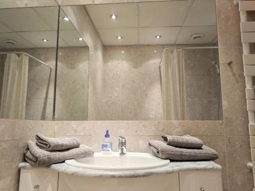 une salle de bain avec un lavabo, un miroir et des serviettes dans l'établissement Citilet 6 Bright, open-plan with large terrace, à Cannes
