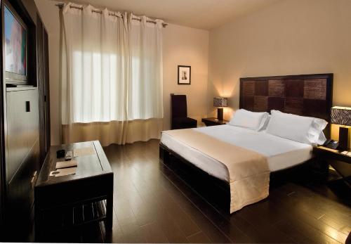 a hotel room with a bed and a desk and a television at Hotel Carducci 76 in Cattolica