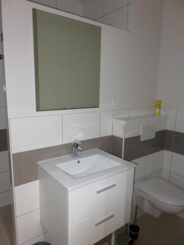 une salle de bain avec un lavabo blanc et des toilettes dans l'établissement Gîtes Dans une Maison d'hôtes 