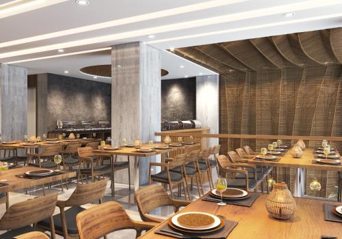 a rendering of a restaurant with tables and chairs at Adora Hotel in Ho Chi Minh City