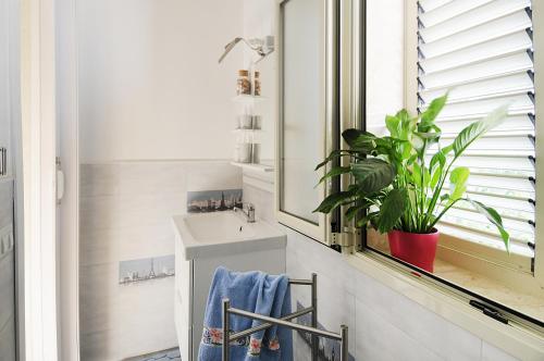 a bathroom with a sink and a window with a plant at casa vacanza Maria in Marina di Ragusa