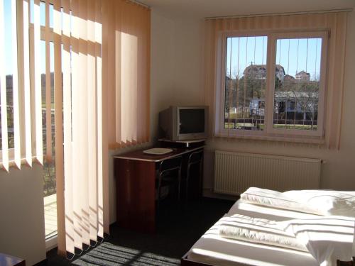 Cette chambre comprend un bureau, une télévision et un lit. dans l'établissement Pensiunea Margareta, à Baile Unu Mai