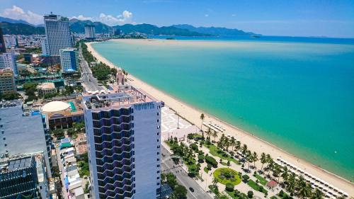 an aerial view of a beach and the ocean at Gold Ocean Apartment in Nha Trang