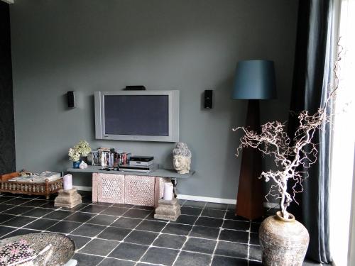 a living room with a flat screen tv on a wall at B&B De Lotus in Hoevelaken