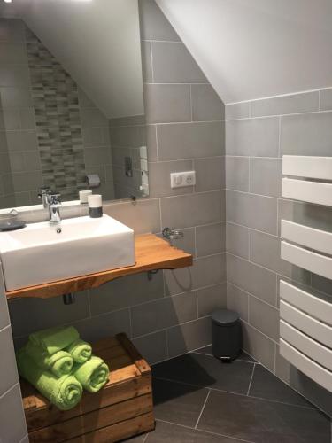 une salle de bain avec un lavabo et un miroir dans l'établissement Chez Mary Elise, à Le Claux