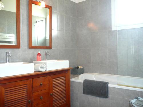 a bathroom with a sink and a tub and a mirror at Appartement Les Hortensias in Avignon