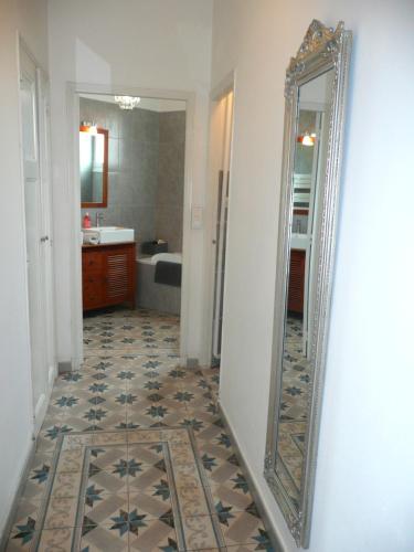 a hallway with a mirror and a bathroom at Appartement Les Hortensias in Avignon