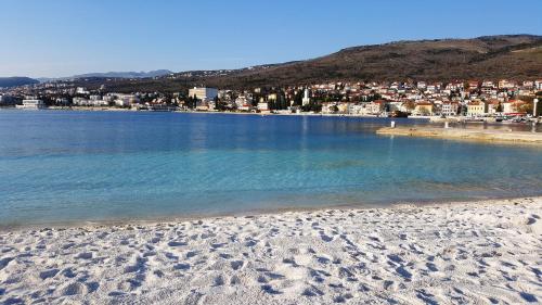 a view of a beach with a city in the background at Apartments Adriatic 2 in Selce