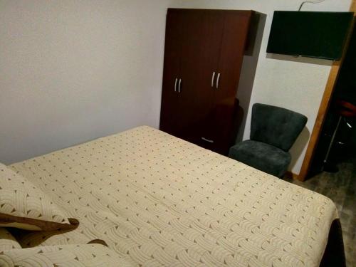 1 dormitorio con 1 cama, 1 silla y 1 silla en El Pionero, en Coyhaique