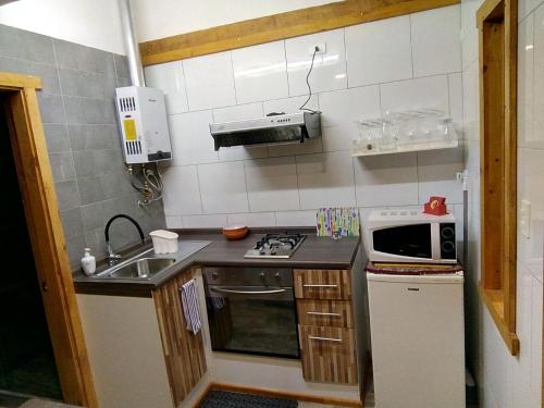 a small kitchen with a sink and a microwave at El Pionero in Coihaique