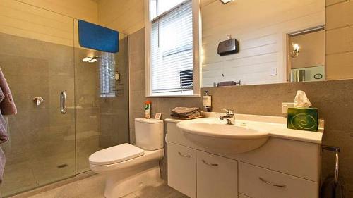 a bathroom with a toilet and a sink and a shower at Brockworth Cottage in Christchurch