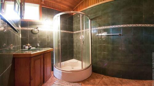 a bathroom with a shower and a sink at Casitas Joanna in Puerto Viejo