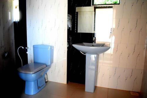 a bathroom with a blue toilet and a sink at Hotel Grand Sun Inn in Nuwara Eliya
