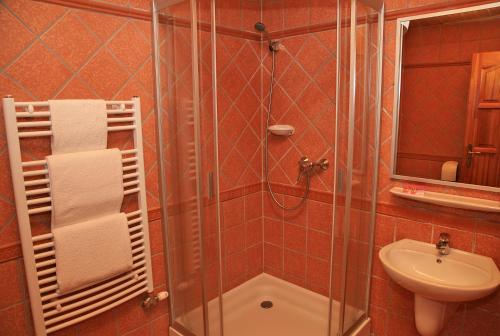 a bathroom with a shower and a toilet and a sink at Berényi Fogadó in Nagykanizsa