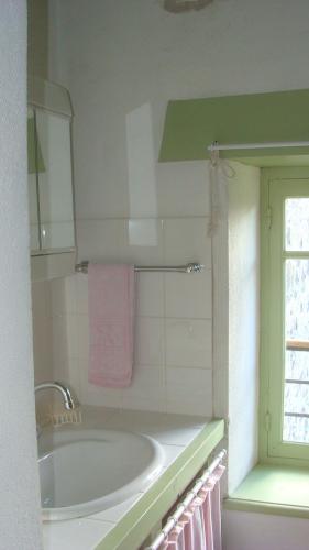 a bathroom with a tub and a pink towel at Château des Grèzes in Agnat