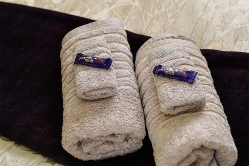 due asciugamani su un letto con sopra degli spazzolini da denti di Sunny Mornington 2 Bedroom Guest Suite a Dunedin