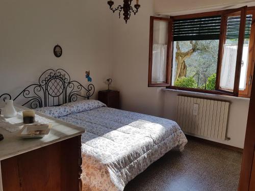 Schlafzimmer mit einem Bett und einem Fenster in der Unterkunft Tra gli olivi in Lucca