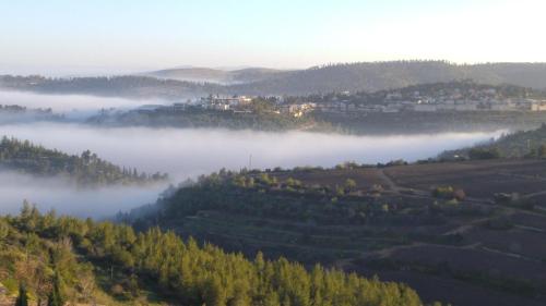 a foggy valley in the hills with trees and houses at Shoresh Green Hills in Shoresh