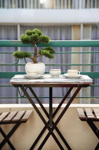 une table avec deux bonsaïs au sommet dans l'établissement Suite Halevy 5 stars Holiday House, à Nice