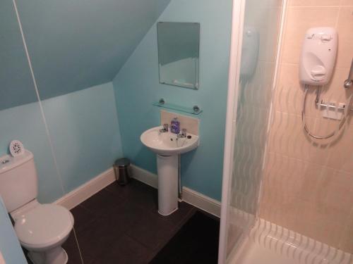 a bathroom with a toilet and a sink and a shower at Travellers Rest Motel in Ingoldmells