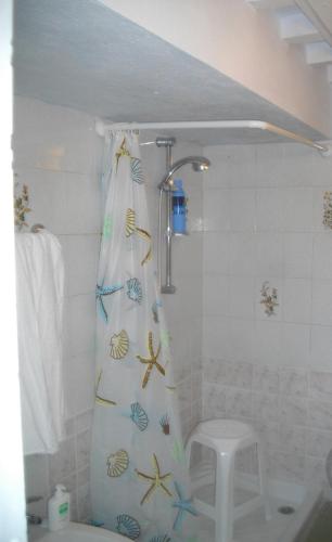 a bathroom with a shower curtain with shells on it at La Corte del Frate in Panzano