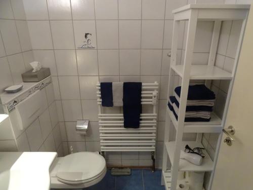 a small bathroom with a white toilet and blue towels at Ferienwohnung Robbe in Bremerhaven