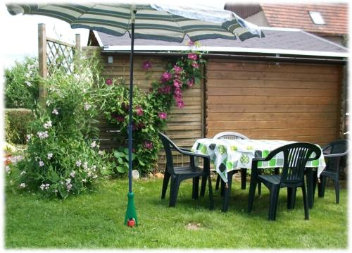 a table and chairs under an umbrella in a yard at Fewo Hoyer in Hinterhermsdorf