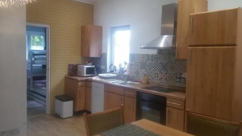 Les Dames de la Montagne في Frauenberg: مطبخ مع حوض وموقد الفرن العلوي