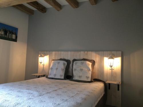 a bedroom with a large bed with two pillows at La Haute Bédinière in Crouy-sur-Cosson
