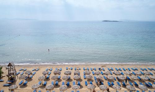 an overhead view of a beach with chairs and umbrellas at Amarilia Hotel in Athens