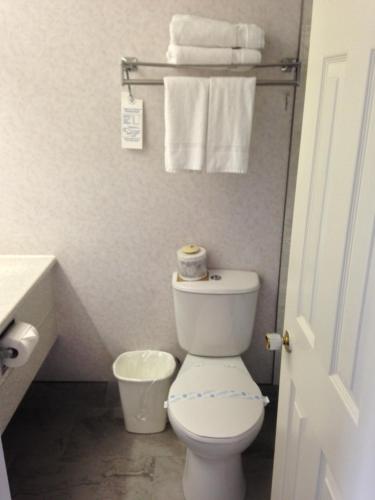 a small bathroom with a toilet and towels at Bancroft Inn & Suites in Bancroft