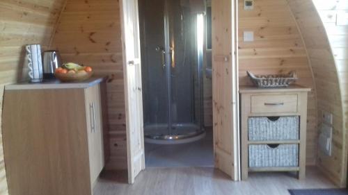 a bathroom with a shower in a wooden cabin at Bwlcheinion Sea View Glamping in Machynlleth