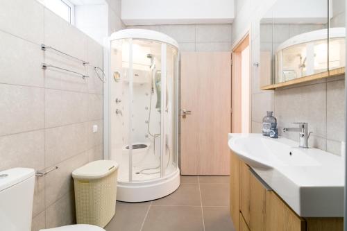 a bathroom with a shower and a toilet and a sink at Aristidis country villa-anesis in Kamilari