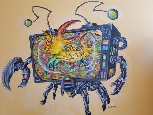 a painting of a scorpion on a tv at Happy Go Lucky Hotel + Hostel in Berlin