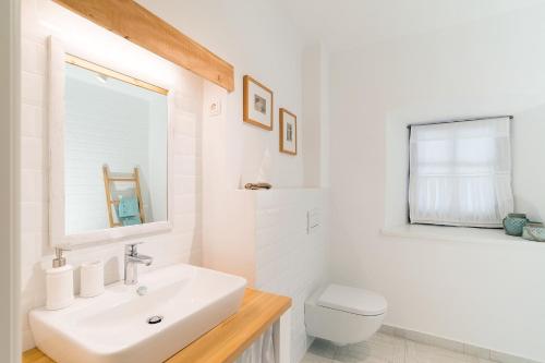 a white bathroom with a sink and a toilet at Pr`Mružo apartmaji in Bohinj