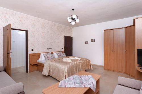 a bedroom with a bed and a couch and a tv at Pension Danninger in Piešťany