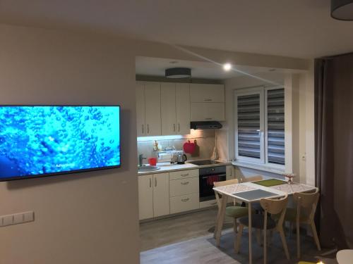 a kitchen with a flat screen tv on a wall at Smiltės apartamentai in Birštonas