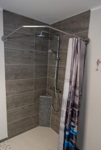 a shower with a shower curtain in a bathroom at Beverlodge in Telgte