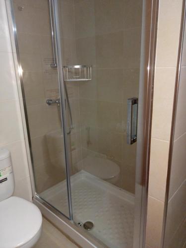 a shower with a glass door next to a toilet at Hotel Iris in Benidorm