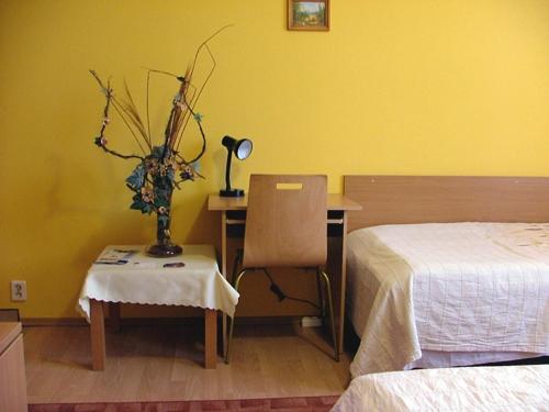 a bedroom with a desk and a bed and a chair at Dom Gościnny Pod Brzozami in Poznań