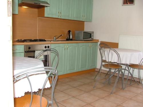 a kitchen with green cabinets and a table and chairs at Dom Gościnny Pod Brzozami in Poznań