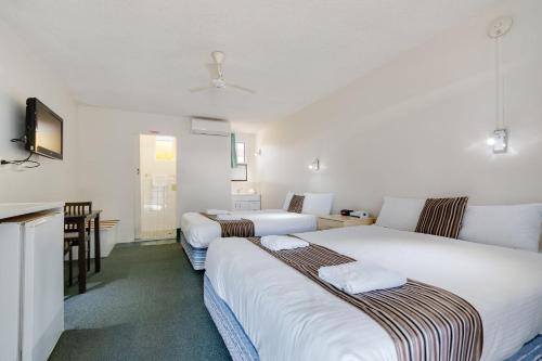 a hotel room with two beds and a kitchen at Coffs Harbour Pacific Palms Motel in Coffs Harbour