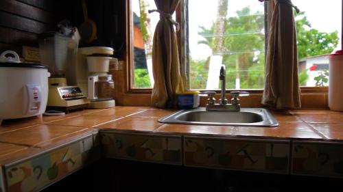 eine Küchentheke mit einem Waschbecken und einem Fenster in der Unterkunft Hospedaje Rural Villa Santiago in Río Jiménez