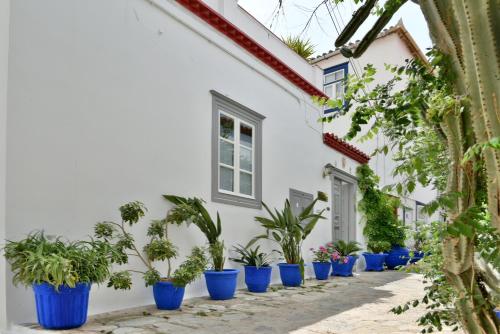 eine Reihe blauer Topfpflanzen auf einem weißen Haus in der Unterkunft Manolia in Hydra