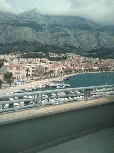 a view of a marina with boats in a harbor at Aparthotel Miramare in Makarska