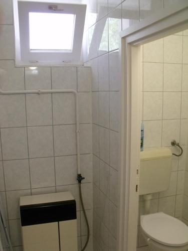 a bathroom with a toilet and a window at Feszty-fészek Vendégház in Tiszafüred
